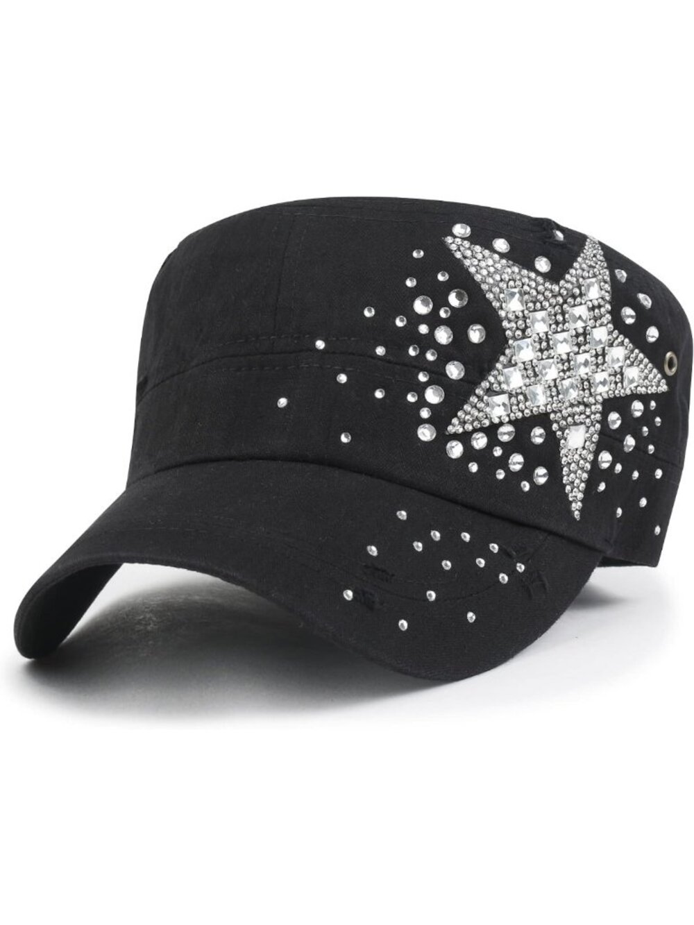 Vintage Distressed Rhinestone Military Cadet Cap - Stylish Cotton Army Hat